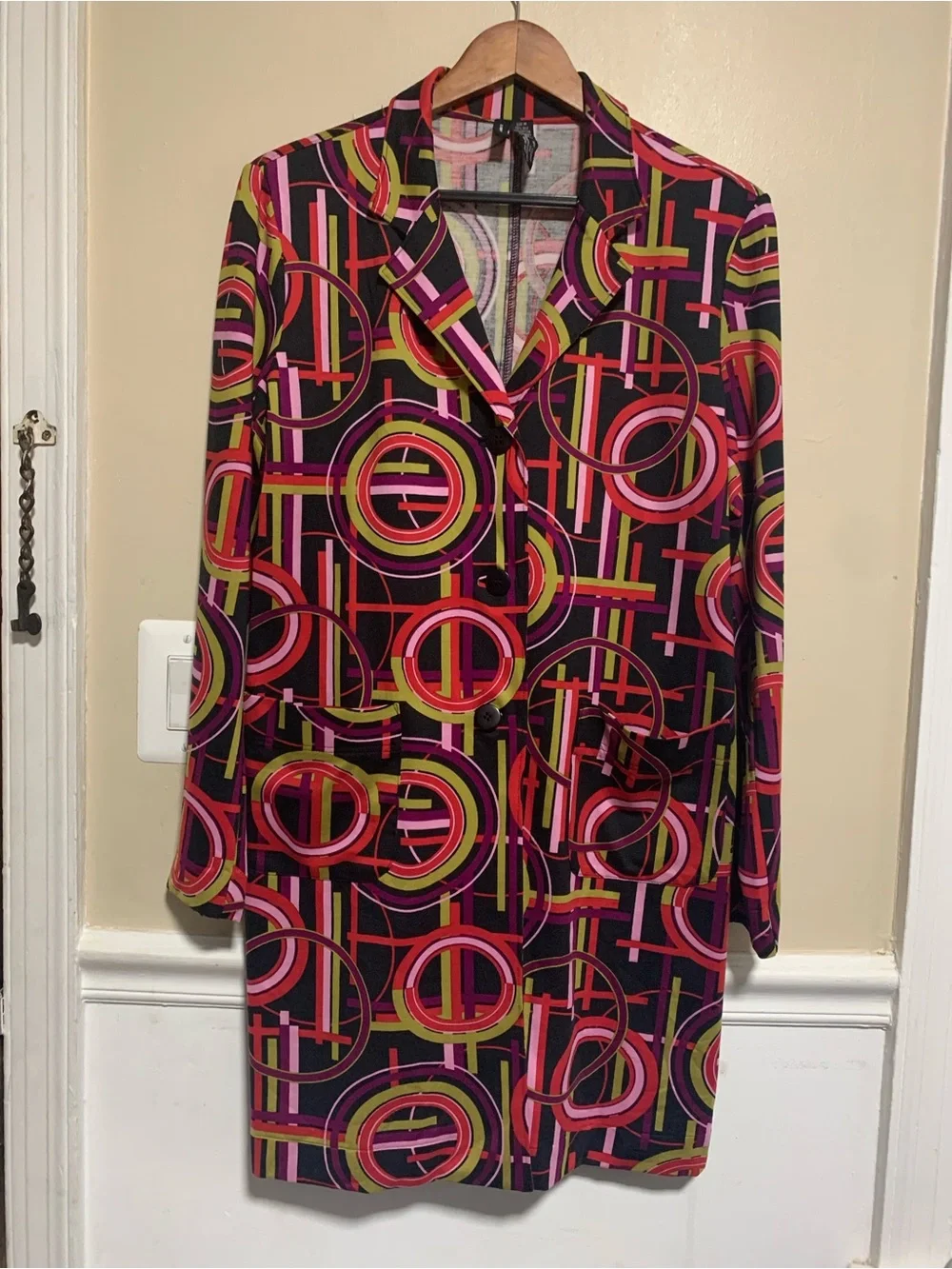 Vintage Lynn Ritchie Geometric Silk Blend Longline Blazer Jacket Size M Retro